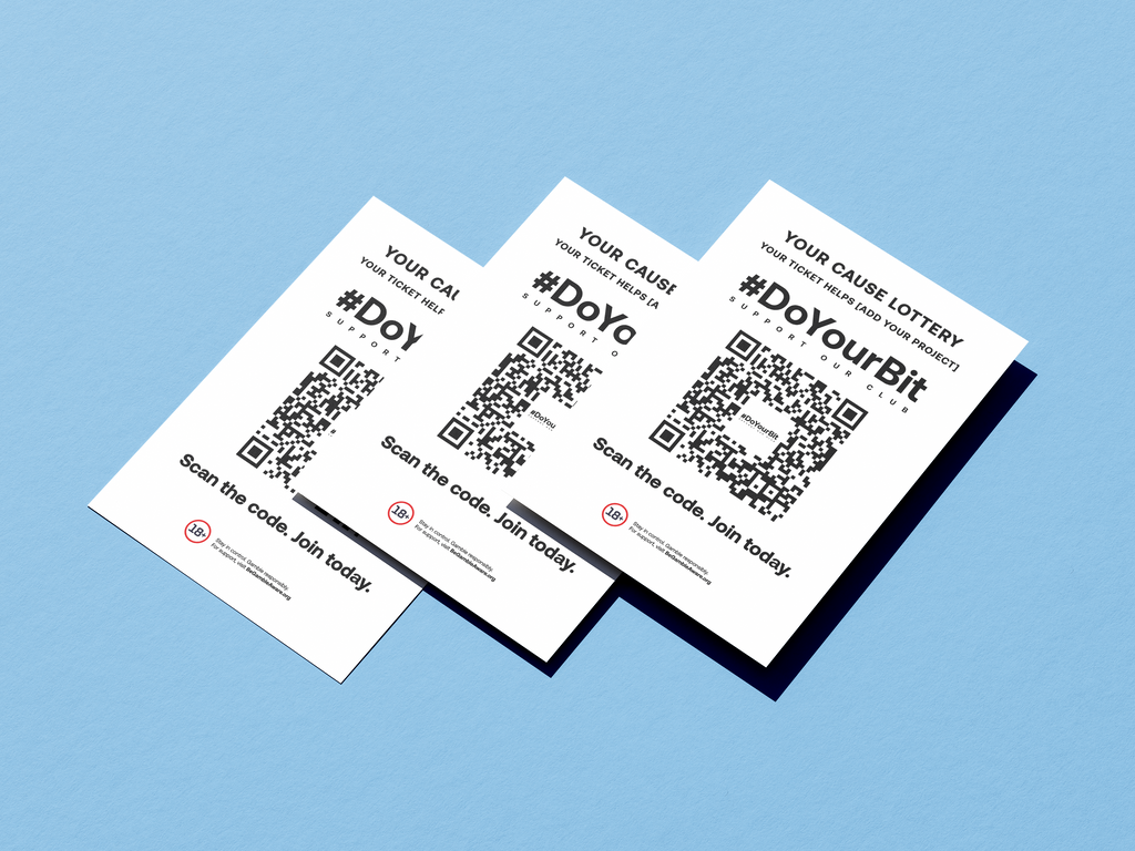 Three white cards with QR codes on a light blue background